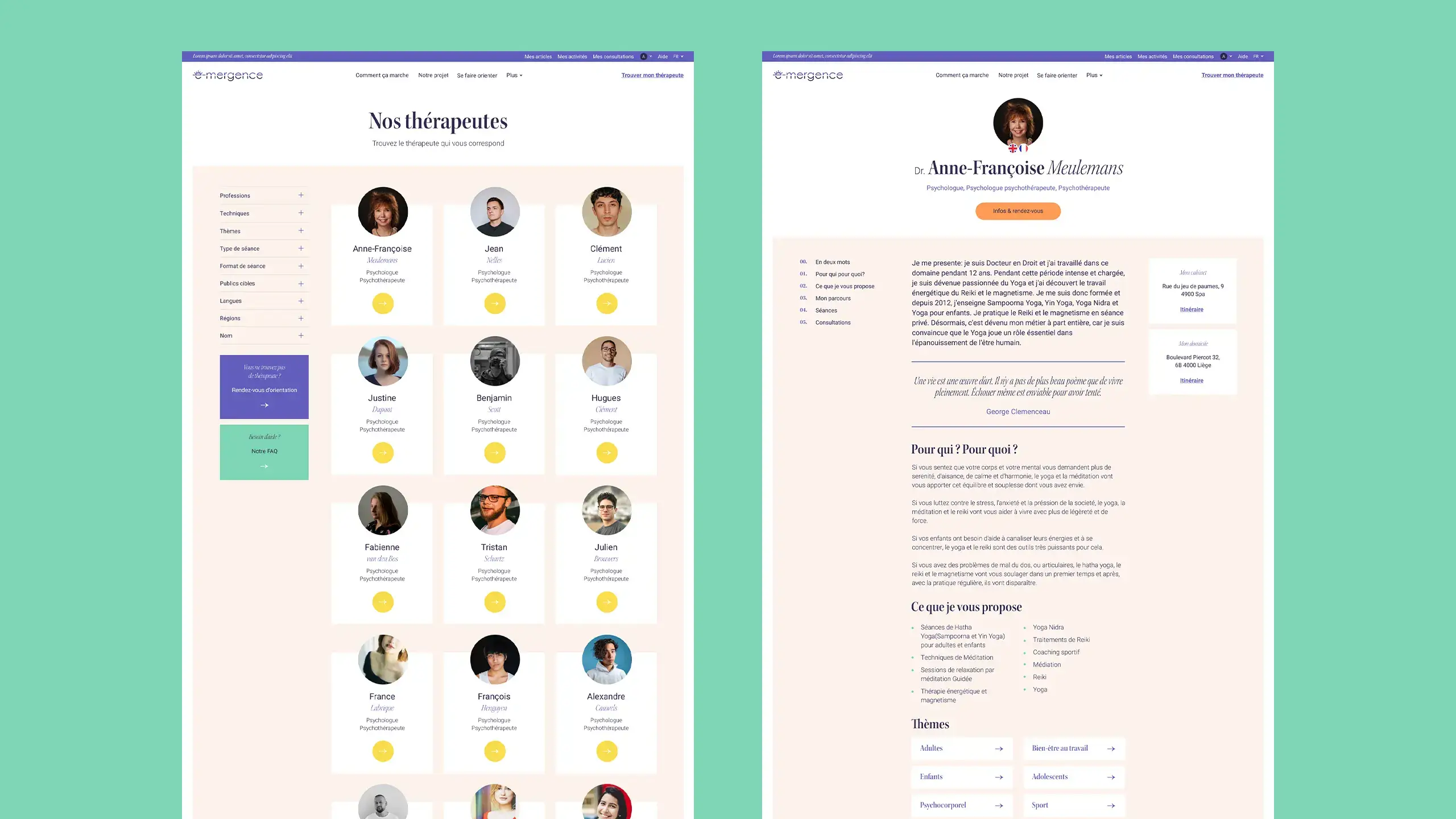 Design sample, showing a therapist archive page and a page of content related to it