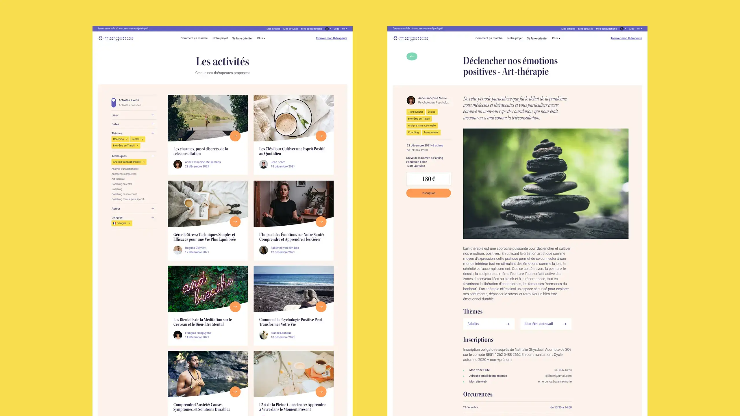 Design sample, showing a activity archive page and a page of content related to it