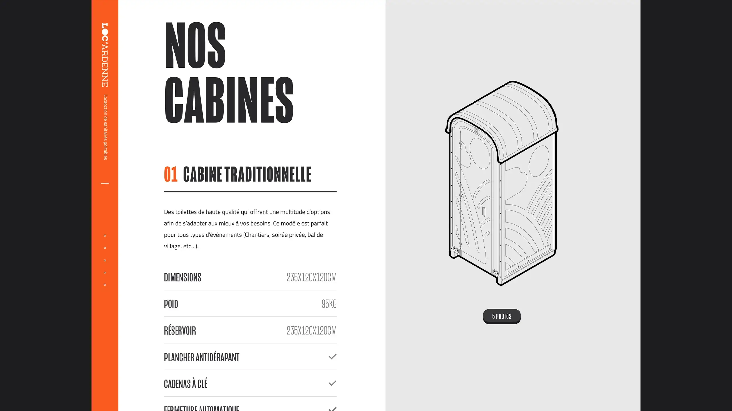 Screenshot of the website displaying the "Our cabins" section