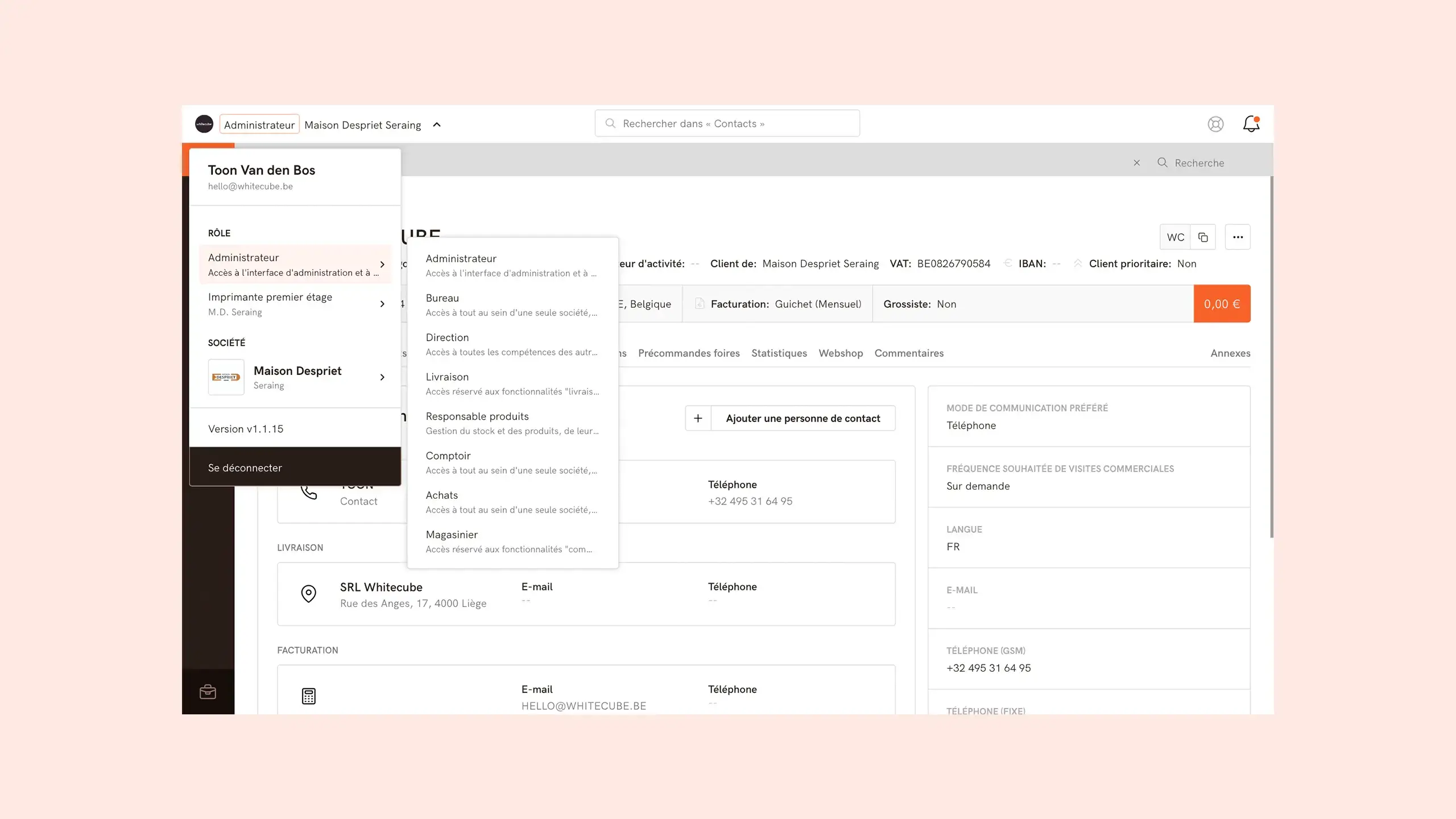 Une page d'erp qui les rôles disponible pour l'utilisateur