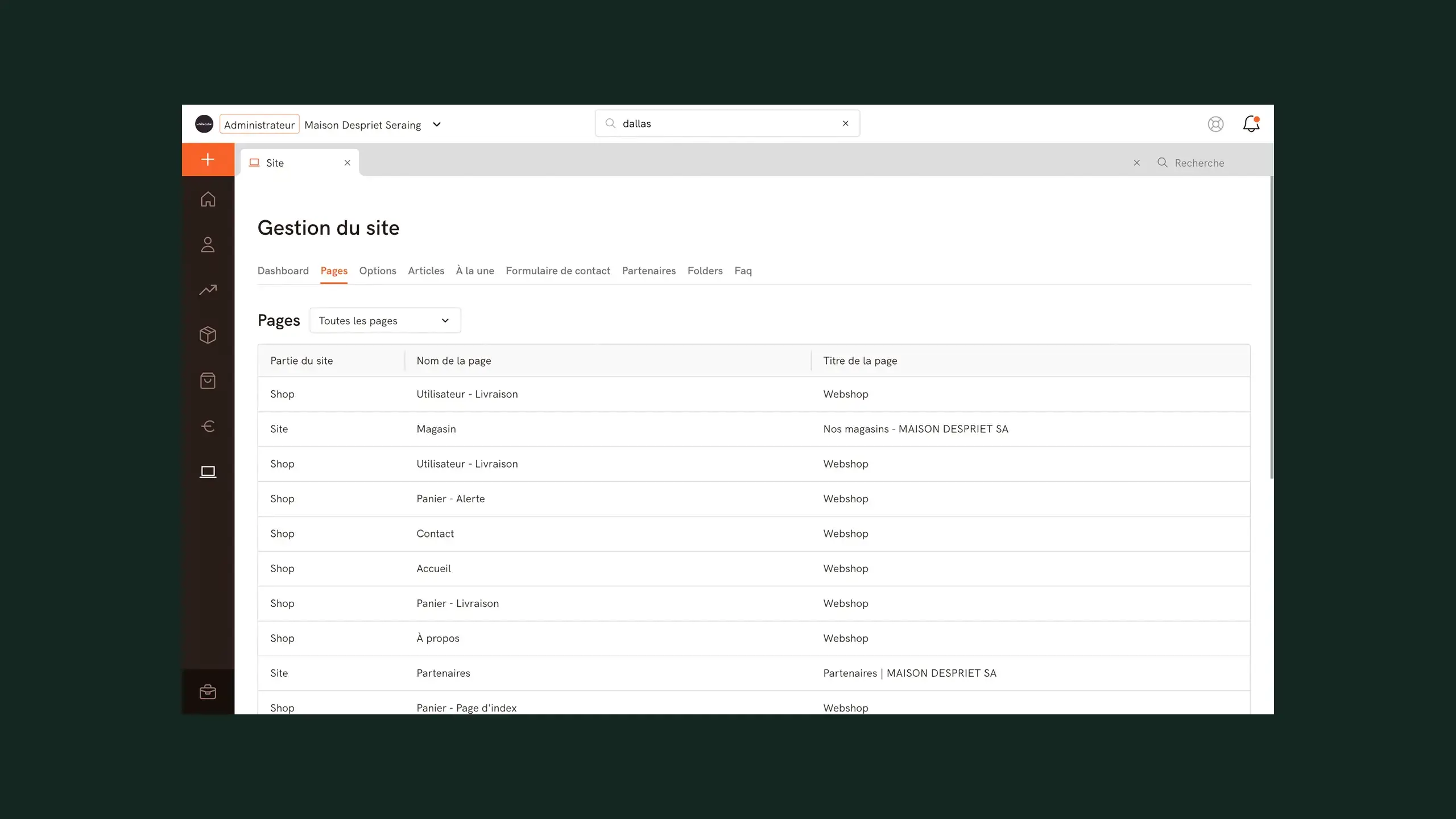 Une page d'erp qui montre une liste de page