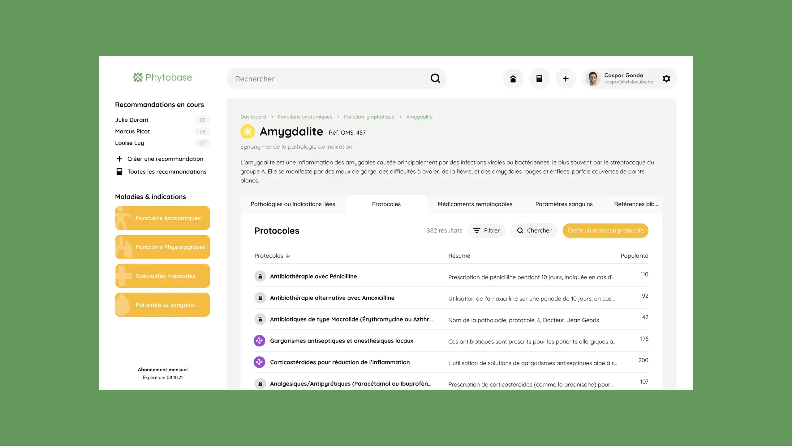 Une page d'application qui montre une patholgie et ses protocoles