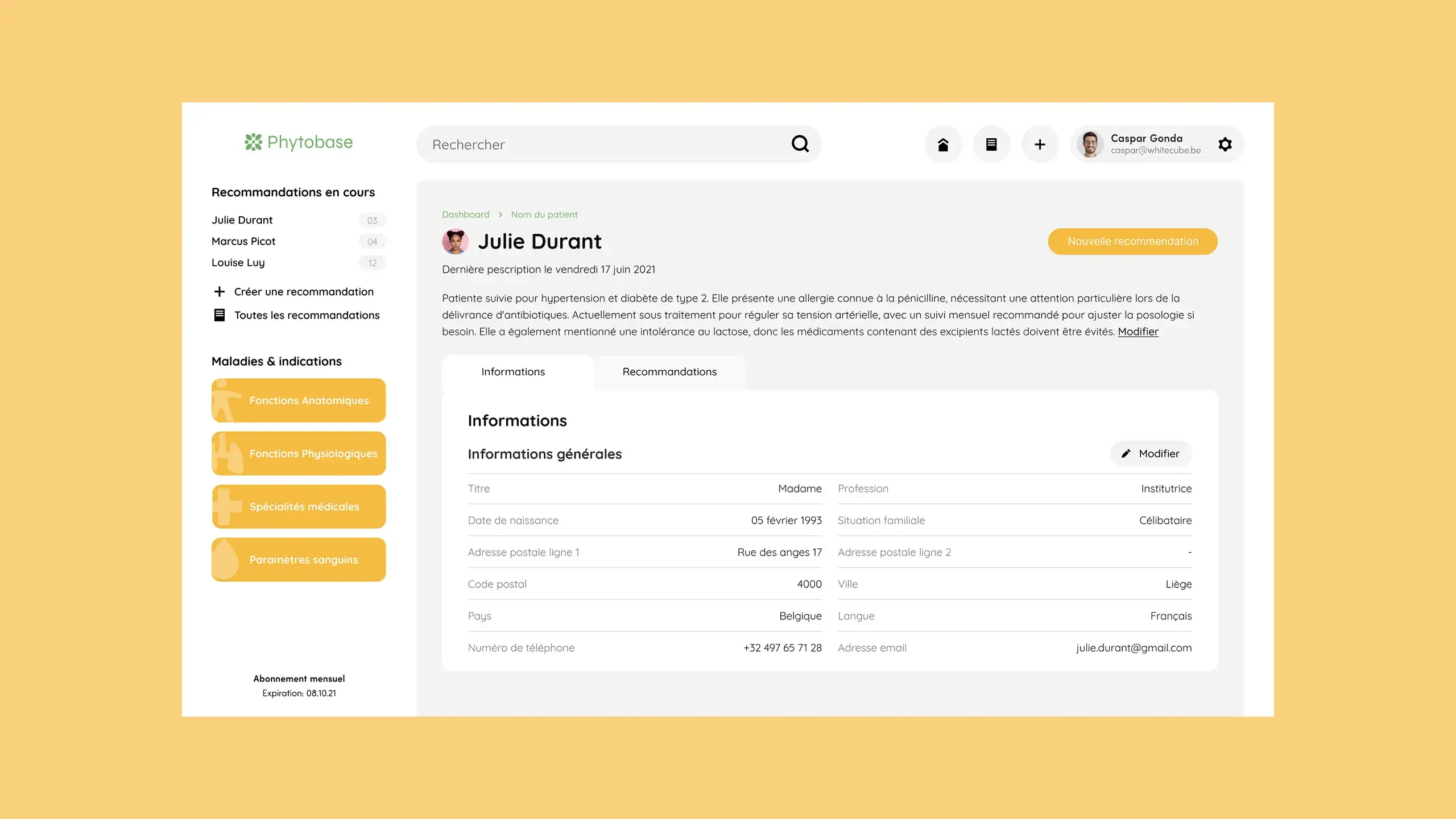 Une page d'application qui montre la fiche d'un patient