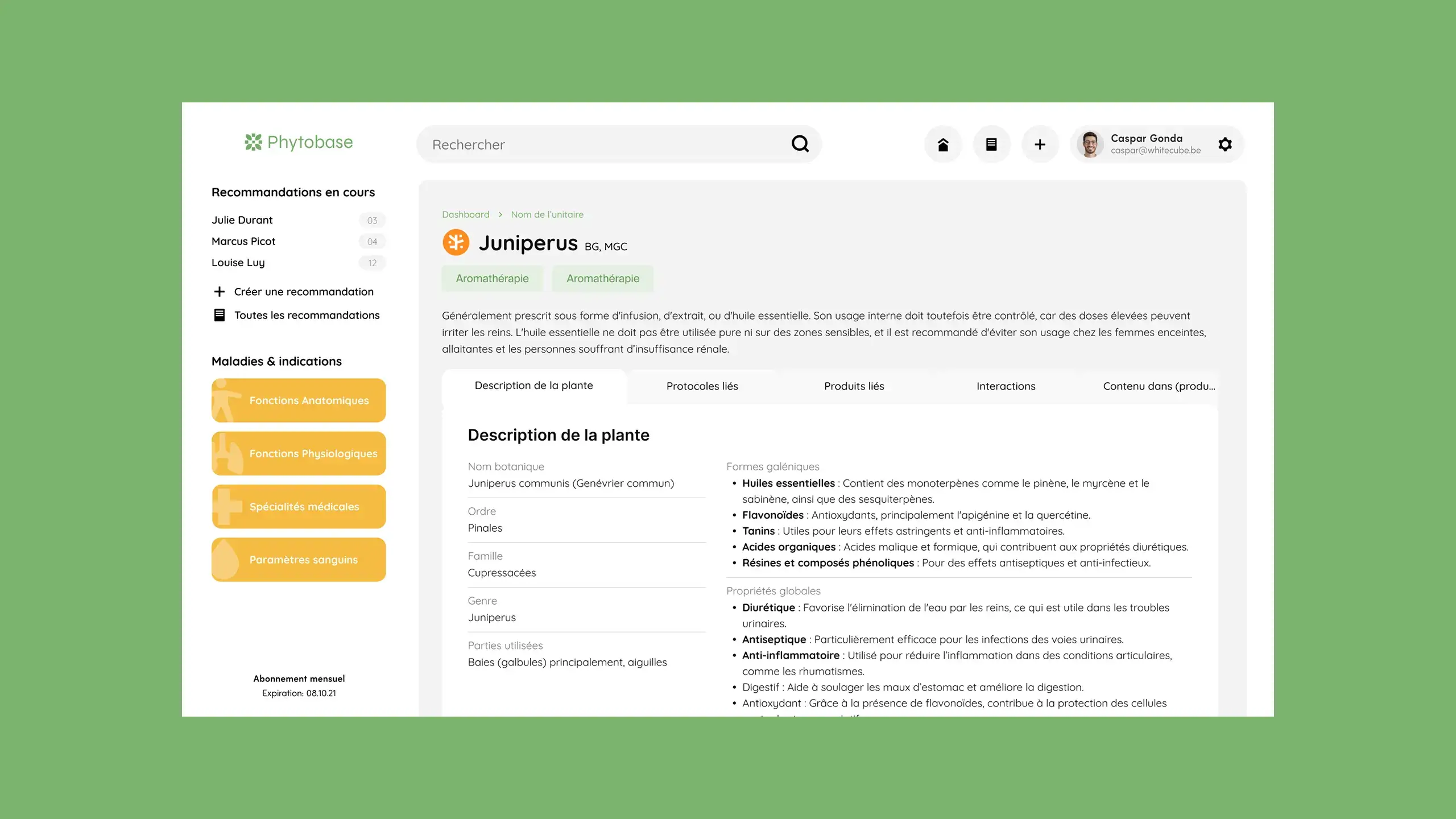 Une page d'application qui montre la fiche d'un unitaire