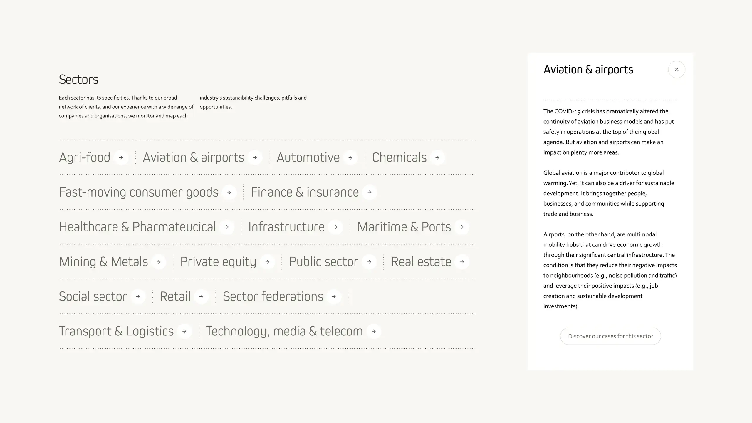 Screenshot of the website showcasing a part of the website used to list the professional sectors covered by Sustenuto