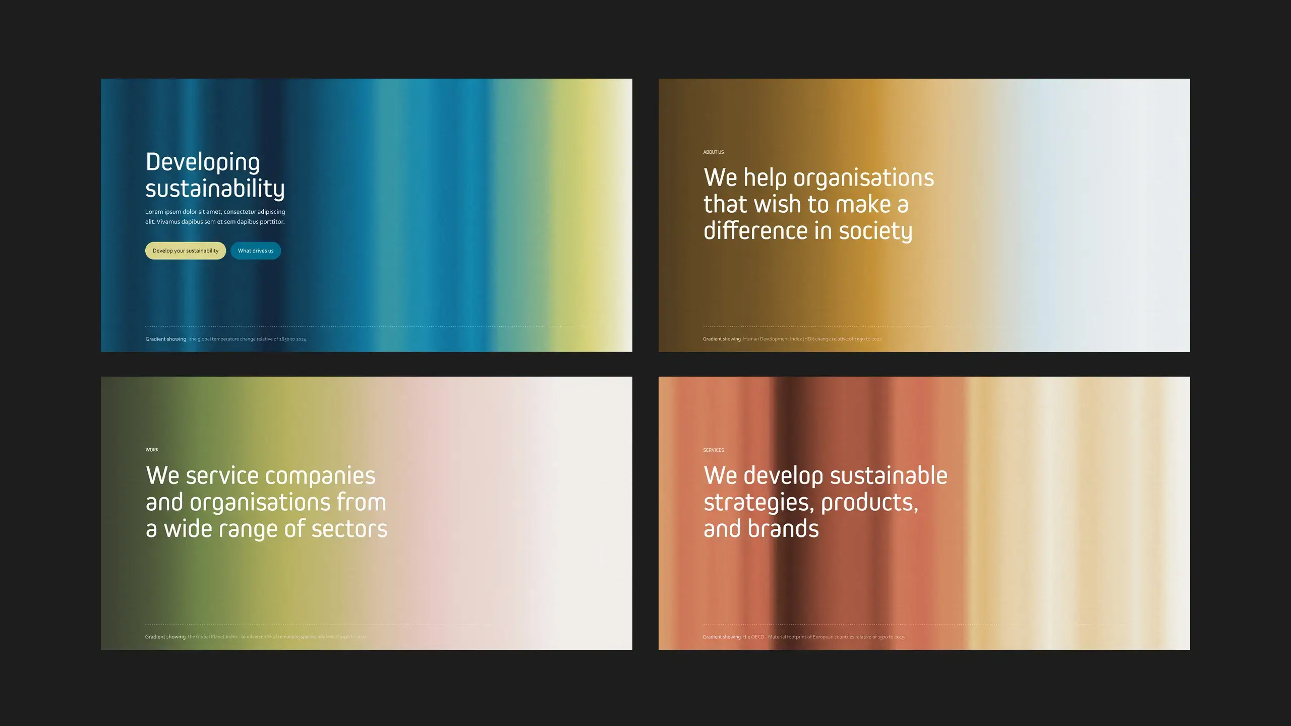 Four images showing graphic variations of self-generated page headers based on data from scientific studies related to the ecological impact of human activity