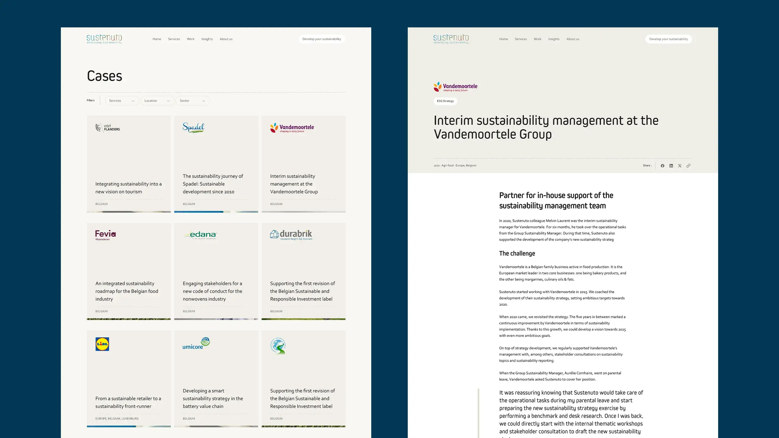 Two screenshots giving an overview of the layout of the case studies on the Sustenuto website