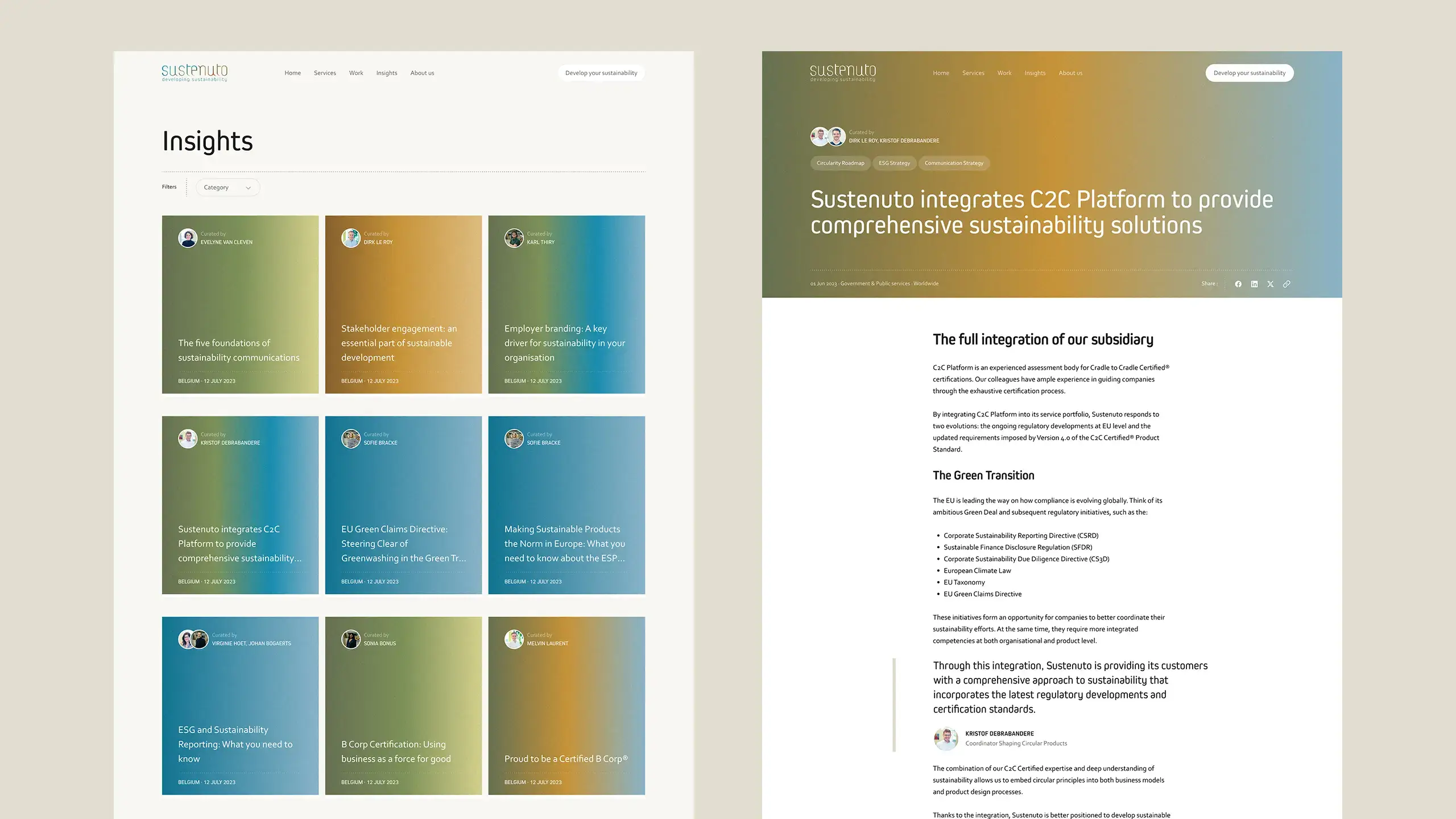 Two screenshots giving an overview of the layout of the insights on the Sustenuto website
