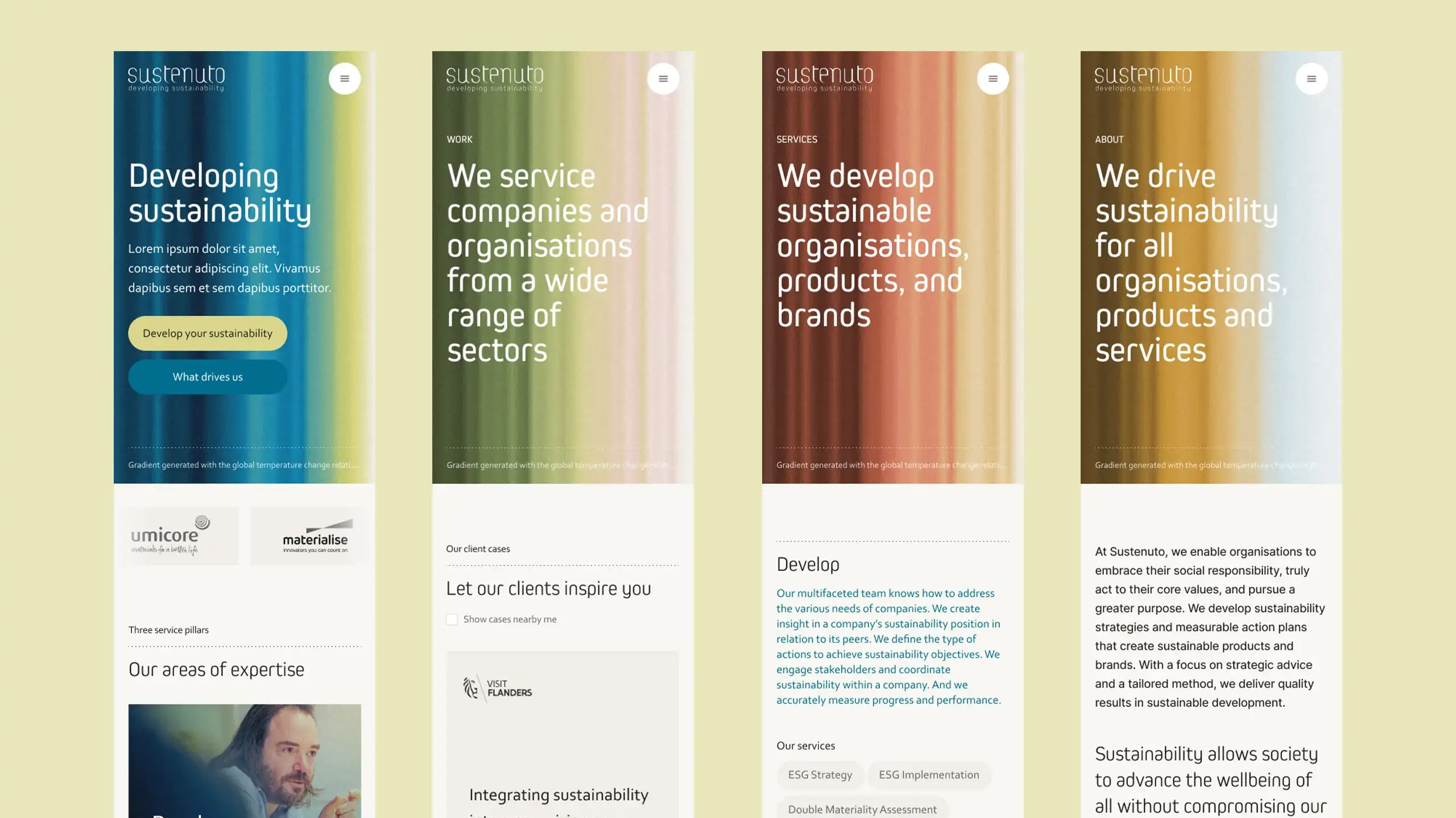 Four images showing the mobile rendering of various pages of the Sustenuto website