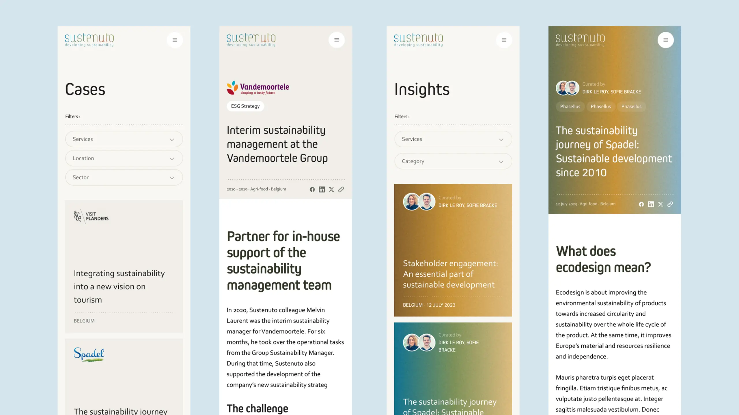 Four images showing the mobile rendering of various pages of the Sustenuto website